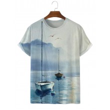 Art Hand Painted Watercolor Boat Short Sleeve T-Shirt