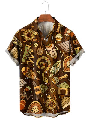 Men's Hawaiian Cartoon Hand Drawn African Long Sleeve Shirt