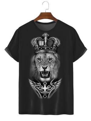 Men's Fashion New Cross and Lion Print T-Shirt